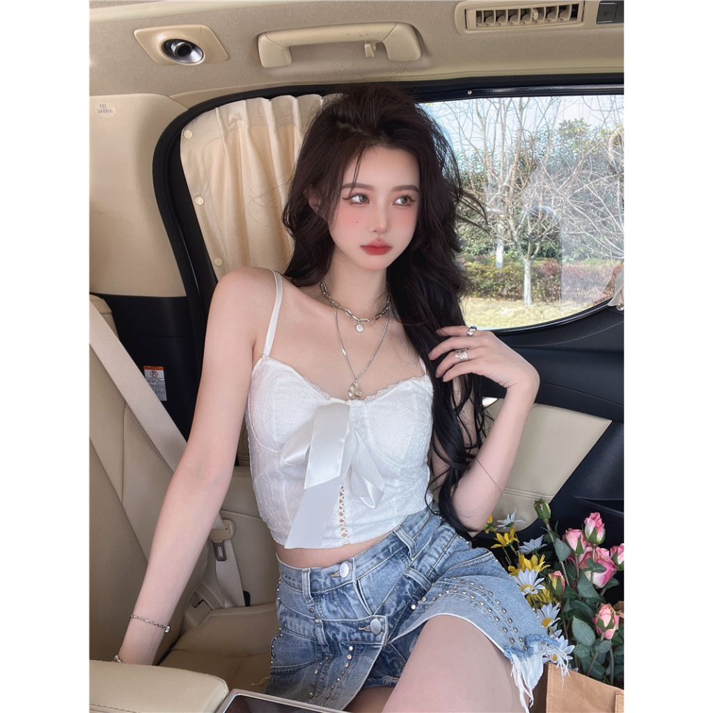Áo croptop kiểu corset phong cách nhẹ nhàng nữ tính phối nơ trước ngực
