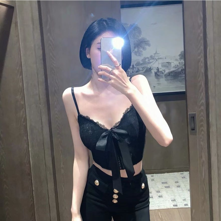 Áo croptop kiểu corset phong cách nhẹ nhàng nữ tính phối nơ trước ngực