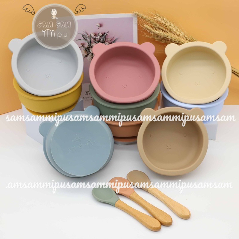 Ảnh Thật Bát Ăn Dặm Silicon Hình Gấu Kèm Thìa Silicon Cao Cấp BPA Free Cho Bé - Shop Mẹ Sam
