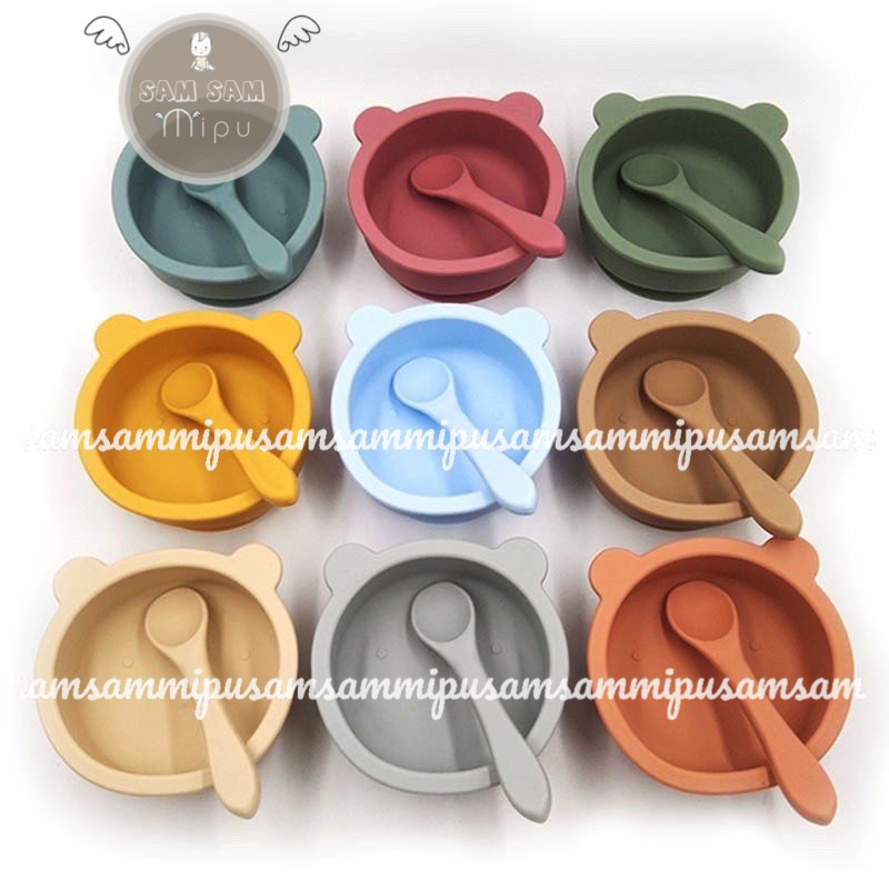 Ảnh Thật Bát Ăn Dặm Silicon Hình Gấu Kèm Thìa Silicon Cao Cấp BPA Free Cho Bé - Shop Mẹ Sam