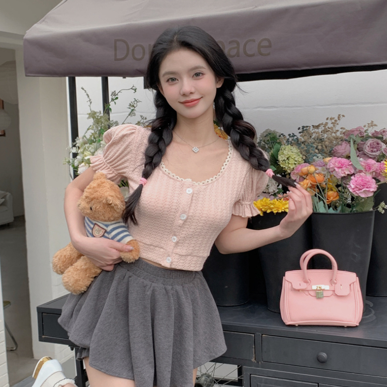 Áo len croptop cổ tròn buộc dây sau lưng dáng ôm thời trang phong cách quyến rũ ngọt ngào