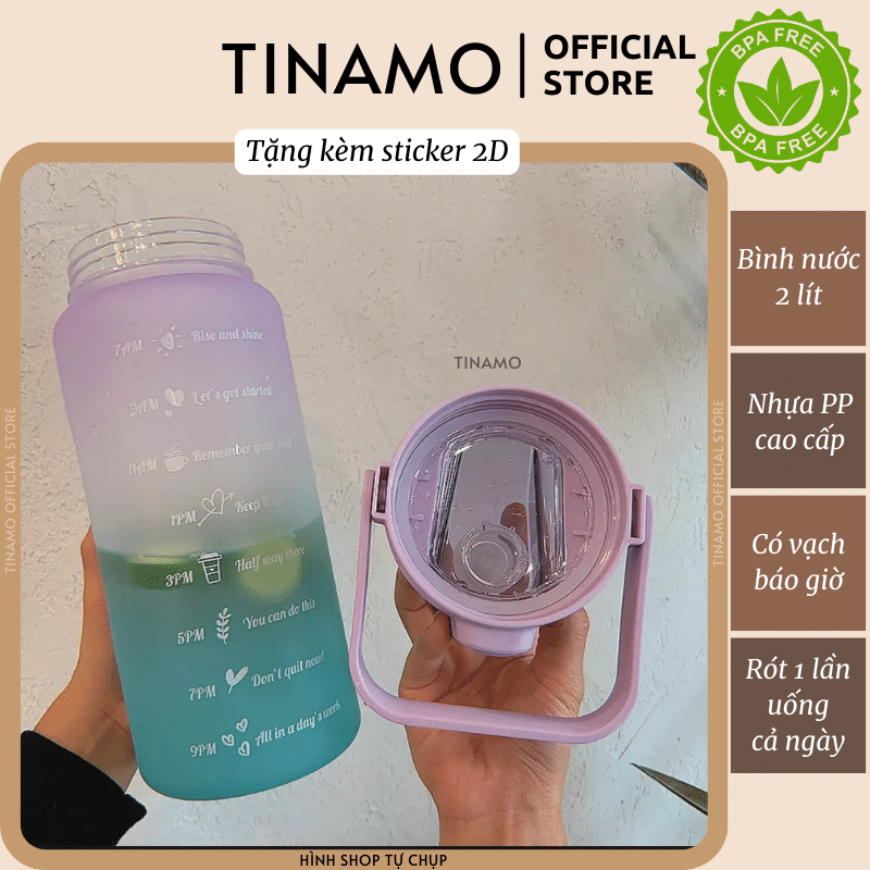 Bình nước có vạch báo giờ dành cho người lười uống nước - Tặng kèm Sticker 2D cute