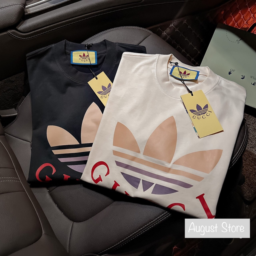 Áo Phông Adidas Gucci 3 Lá Cổ Bo Dáng Rộng Giấu Quần Freesize