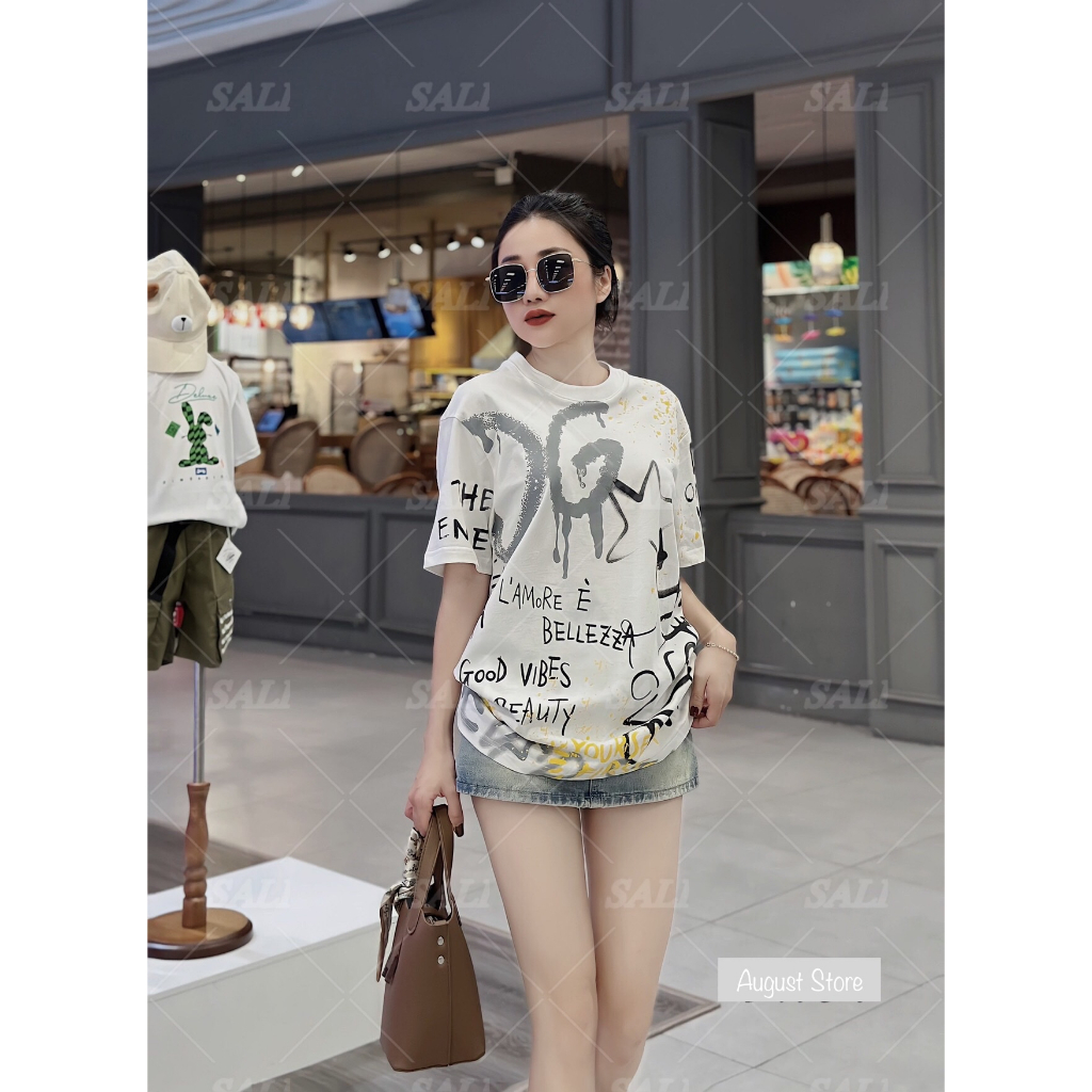 Áo Phông D&G Chữ Rối Họa Tiết Ngôi Sao Dáng Rộng Giấu Quần Cao Cấp
