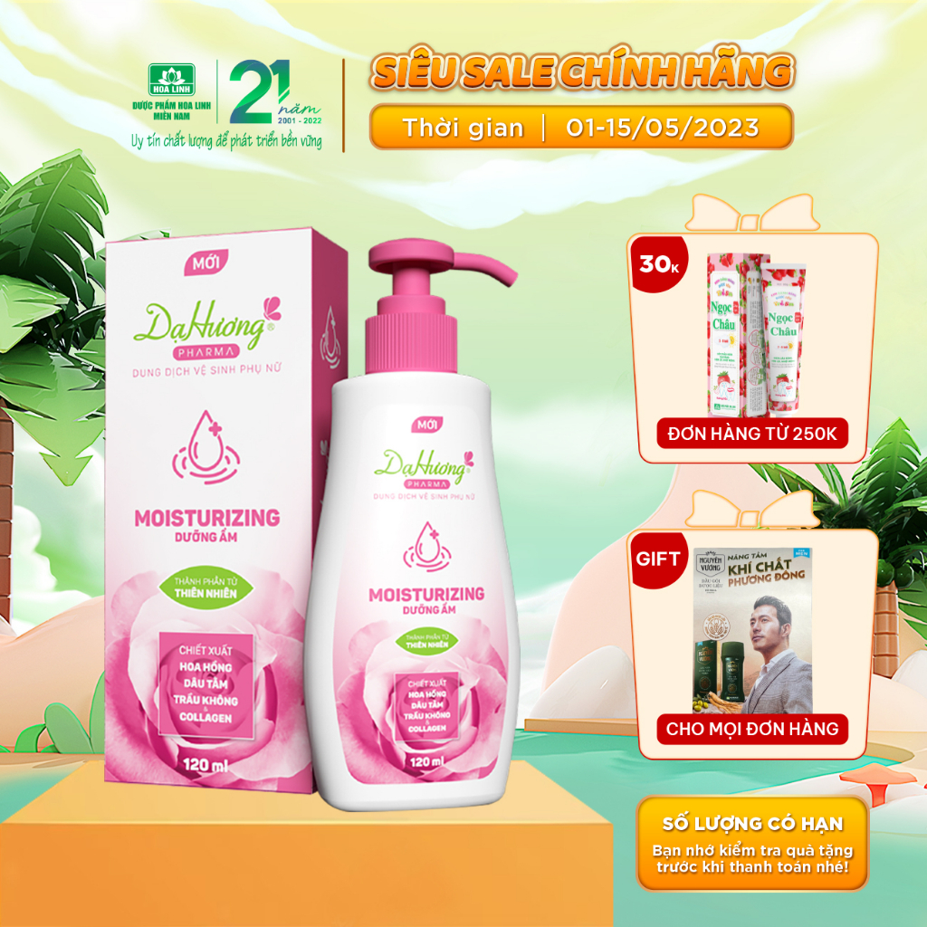 Dung dịch vệ sinh phụ nữ Dạ Hương Pharma Moisturizing (Dưỡng ẩm, làm mềm mịn & sáng hồng) 120ml