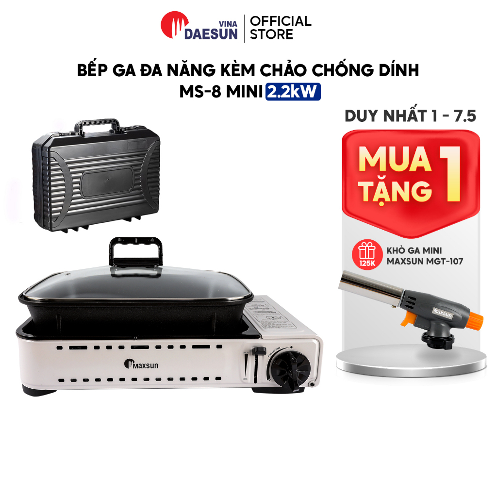 Bếp Ga Mini Maxsun MS-8 Mini - Công Suất 2200W | Nướng - Lẩu | Chảo Chống Dính | Bảo Hành 12 Tháng