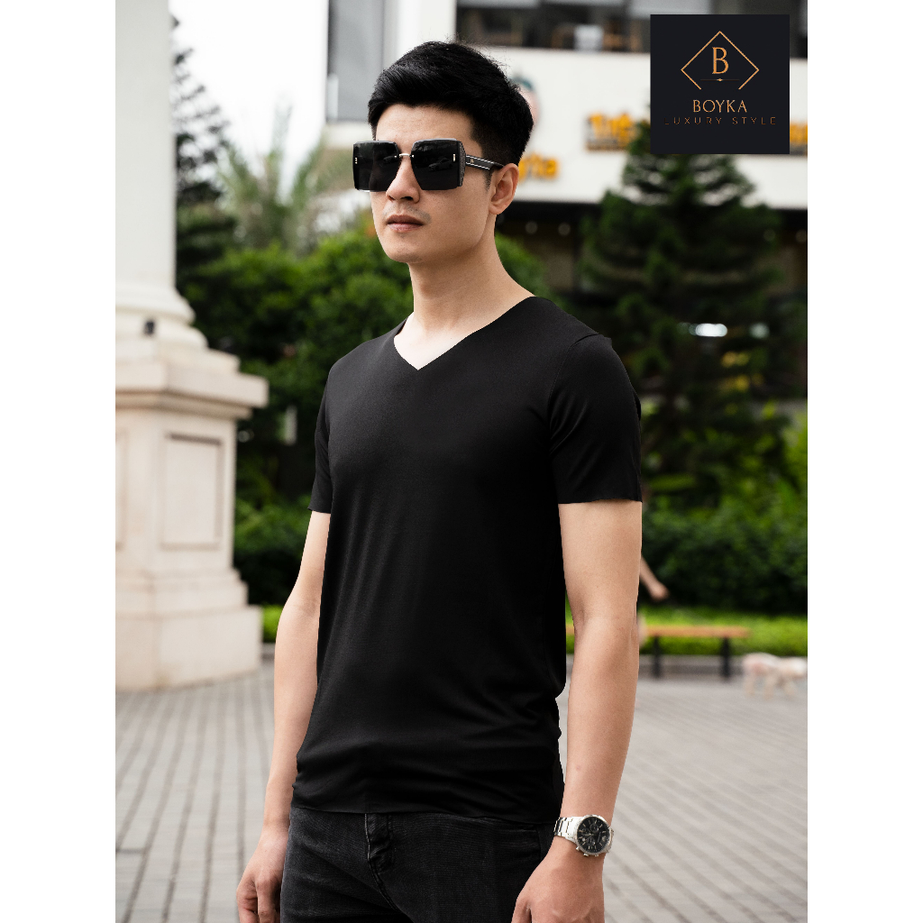 áo thun nam ngắn tay cổ tim không viền chất liệu thun lụa lạnh thương hiệu Boyka