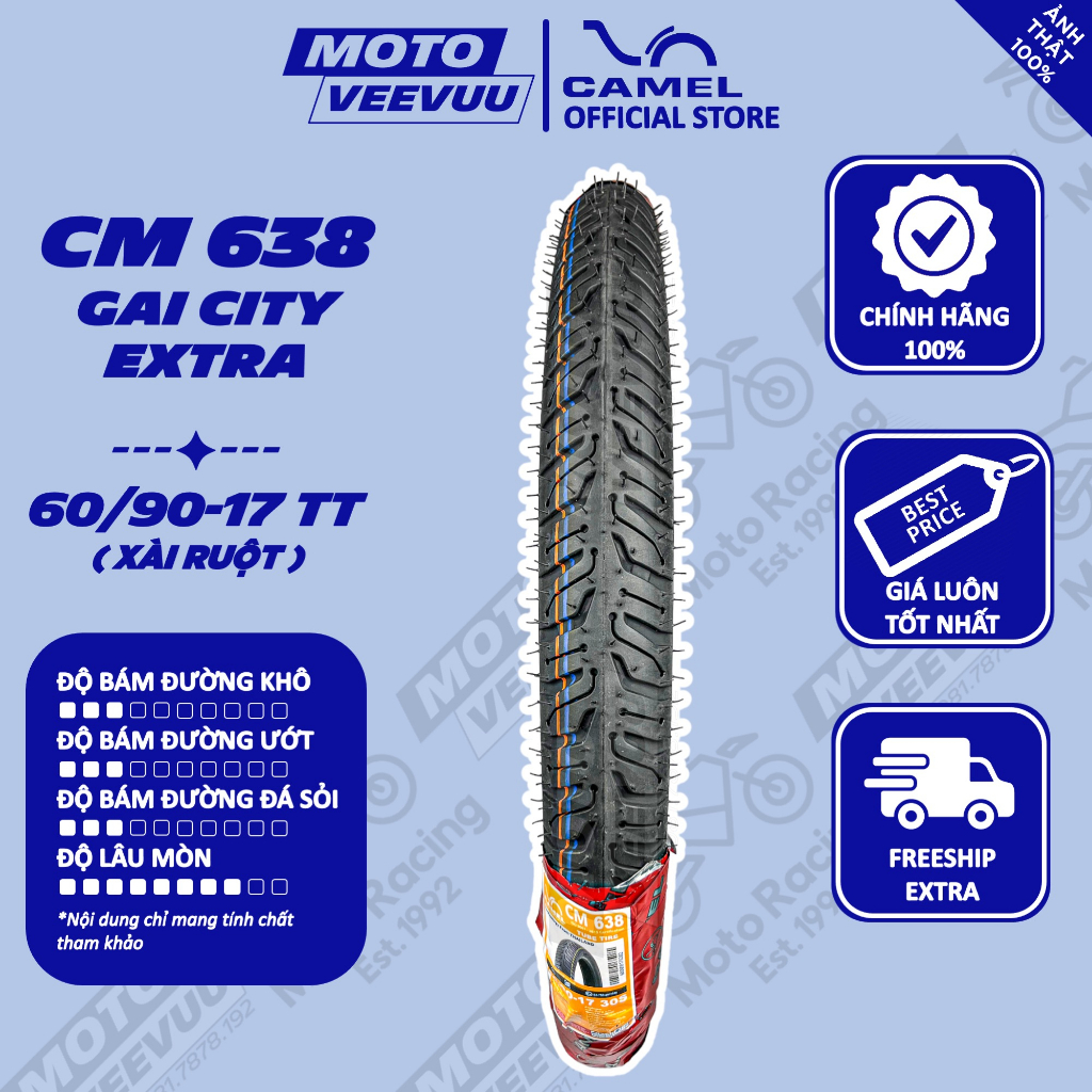 Vỏ lốp xe máy CAMEL 638 Gai City Extra 60/90-17 TT