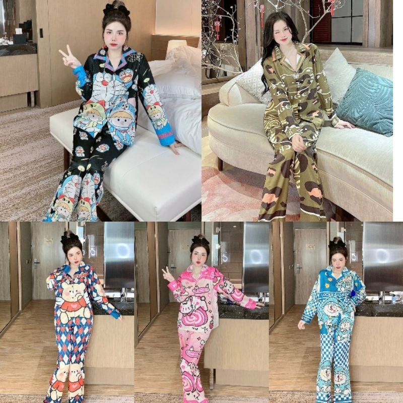Đồ bộ pijama Lụa xước ánh kim thiết kế siêu sang cho nữ, Pijama mặc nhà mùa hè tay dài quần dài in hoạ tiết 3D hot trend