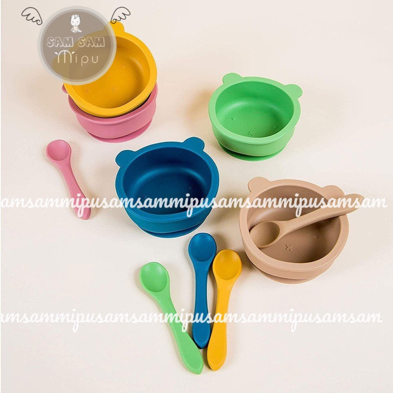 Ảnh Thật Bát Ăn Dặm Silicon Hình Gấu Kèm Thìa Silicon Cao Cấp BPA Free Cho Bé - Shop Mẹ Sam