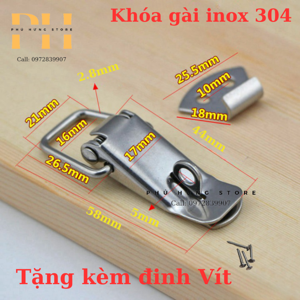 Khóa gài inox 304 dạng trơn size 58*17mm, tặng kèm đinh vít.