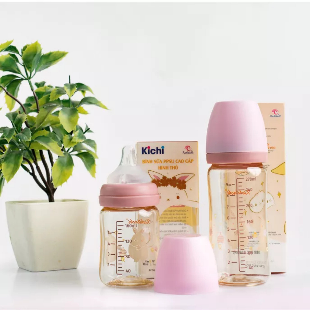 [MẪU MỚI 2023]Bình sữa cổ rộng PPSU cho bé Kichilachi họa tiết hình thỏ, cảm biến nhiệt, bình 170ml - 270ml