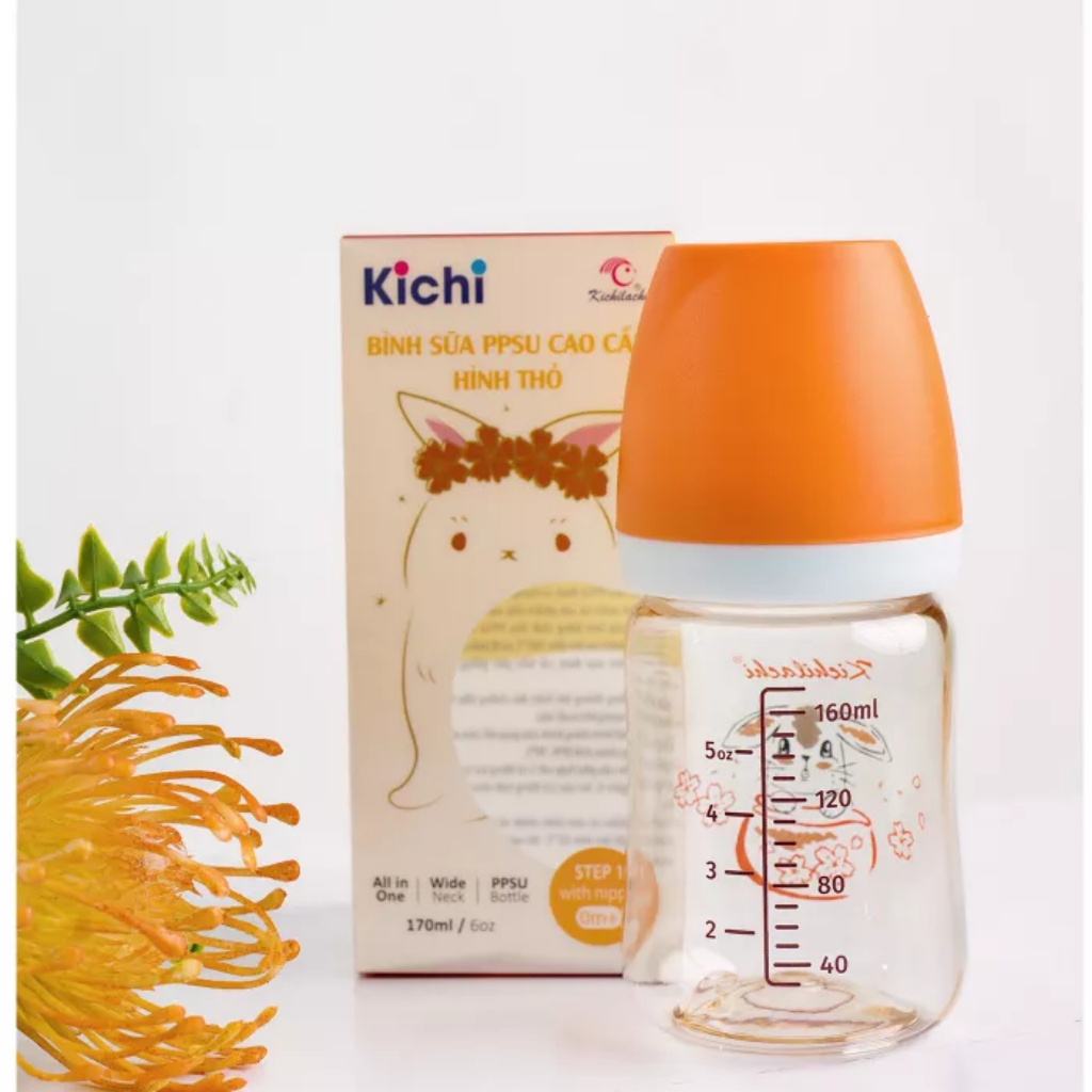 [MẪU MỚI 2023]Bình sữa cổ rộng PPSU cho bé Kichilachi họa tiết hình thỏ, cảm biến nhiệt, bình 170ml - 270ml