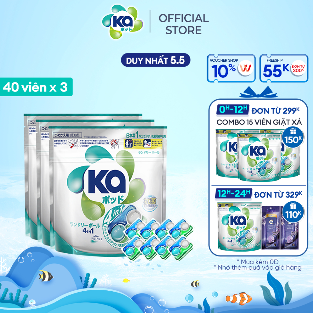 Combo 3 Túi Viên Giặt Xả Đa Năng 4 Trong 1 Ka pod Universal (40 Viên/ Túi)