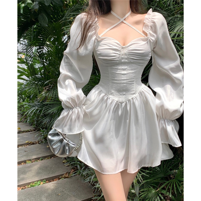 Đầm trắng tiểu thư xoè lụa bóng tay dài bèo dây chéo cổ Đầm váy đi chơi dạo phố du lịch đi biển dễ thương đáng yêu xinh