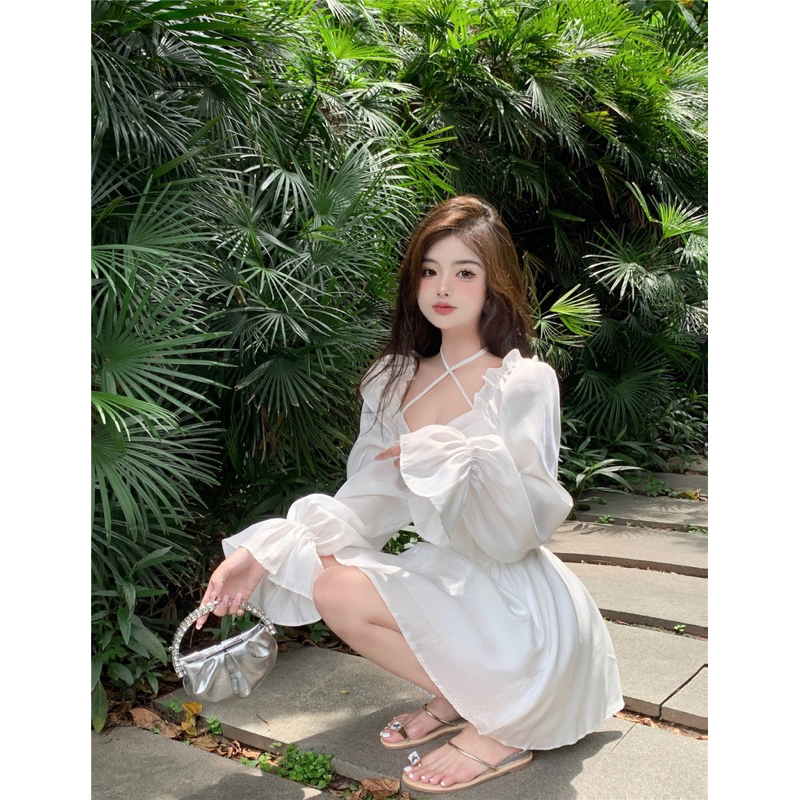 Đầm tiểu thư cổ vuông đính khuy đá loại 1 QC cao cấp/Váy bánh bèo xoè bồng bềnh ôm eo đi chơi dạo phố dễ thương đáng yêu