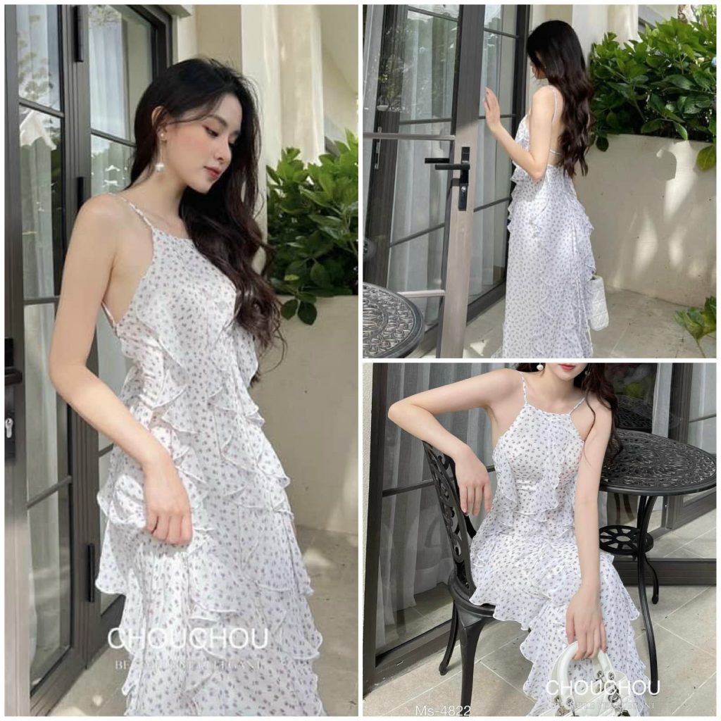 Đầm váy maxi nữ hai dây phối bèo hở lưng mix dáng váy dài xinh xắn dành cho các nàng dạo biển siêu đẹp, nhẹ nhàng.