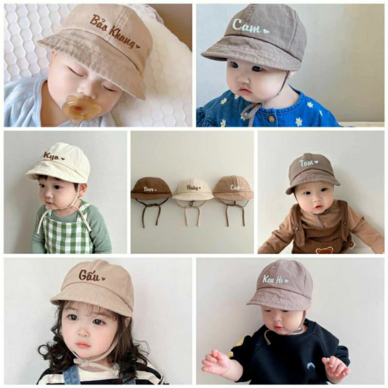 Mũ lưỡi trai có quai sì tai Hàn thêu tên bé từ 1-3t