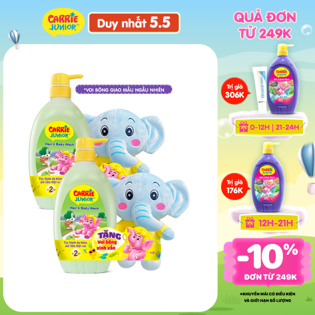 Combo 2 Chai Sữa Tắm Carrie Junior Yoghurt Hương Melon ( 700g x 2 ) + 2 Voi Bông (màu ngẫu nhiên)