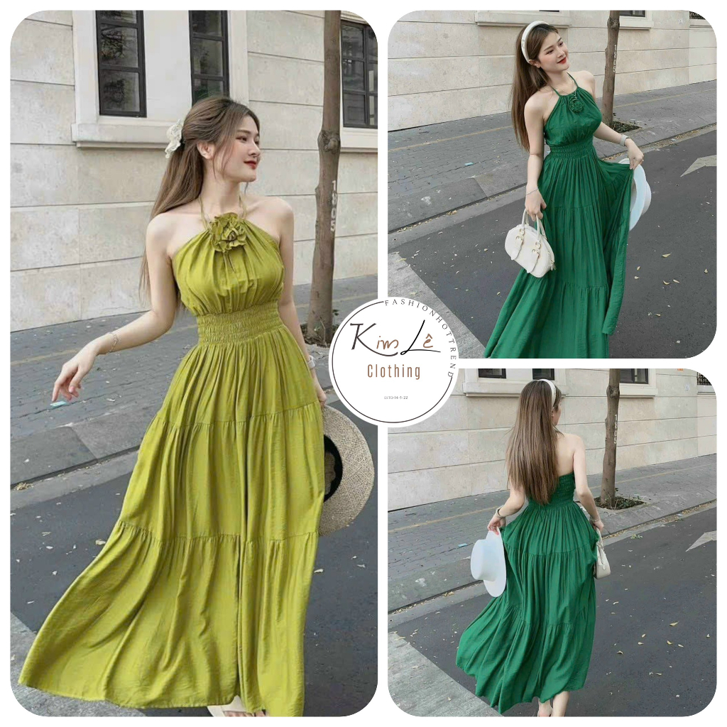Đầm Maxi Lụa Cổ Yếm Đính Bông Dáng Dài Nhẹ Nhàng Nàng Thơ ( có mút) Chất: LỤA 100D Freesize: