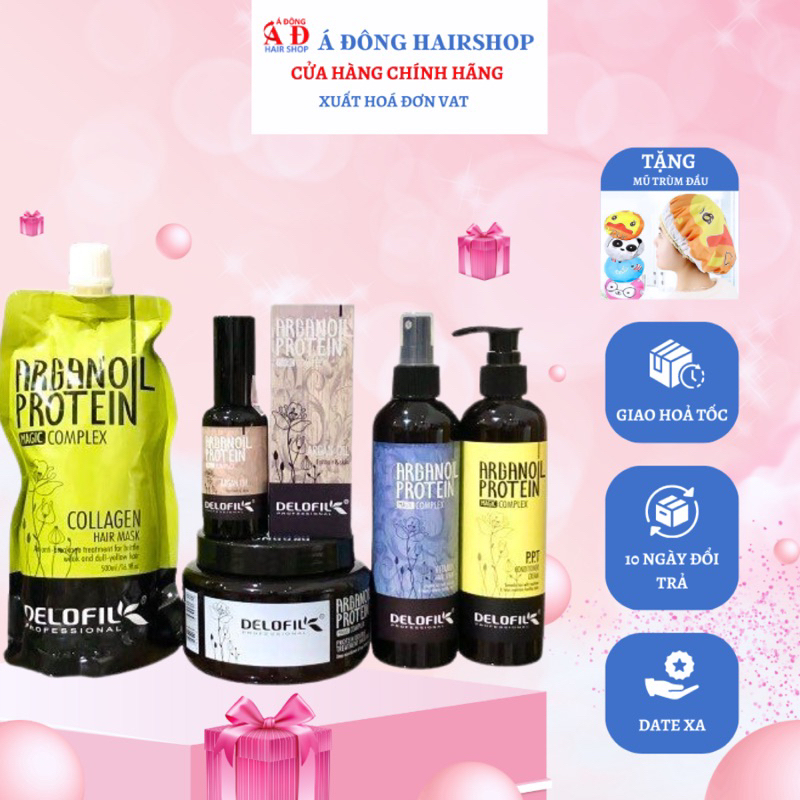 [+Tặng mũ trùm] Bộ dầu hấp ủ dưỡng Delofil Collagen Keratin Argan Oil Protein siêu mượt tóc