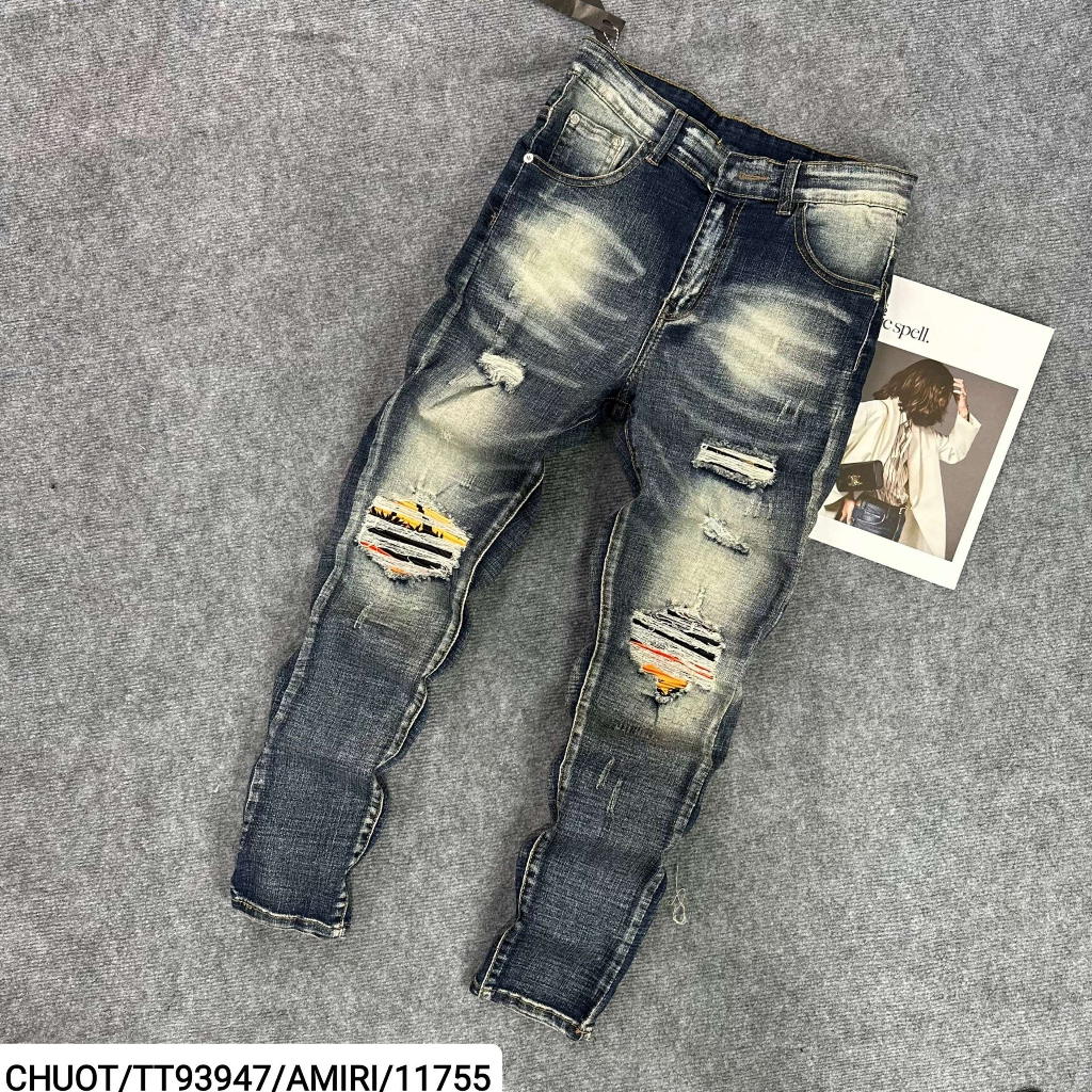 Quần jeans nam Amiri TT93947  xanh khói mài bạc,vá vải cam,vải bò cao cấp co giãn 4 chiều,form slimfit,Size 28/322