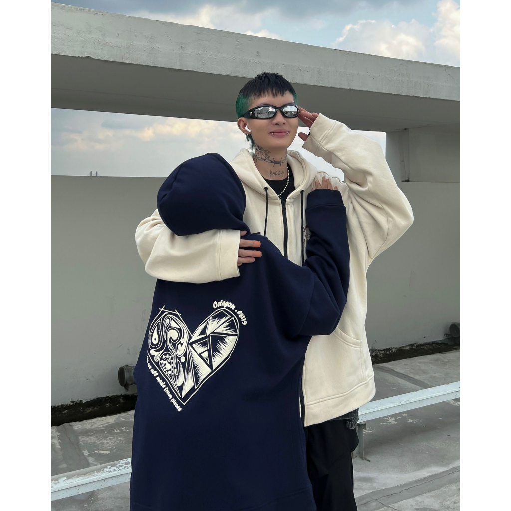 OCTAGON - Áo hoodie unisex HEART PIECES ZIP HOODIE XANH NAVY vải nỉ bông có nón dày dặn