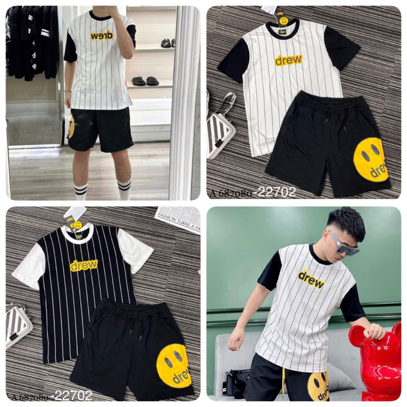 Bộ Cộc Nam DREW Hình Mặt Cười Kẻ Sọc Siêu Đẹp - Bộ Hè Nam Drew Hàng Cao Cấp