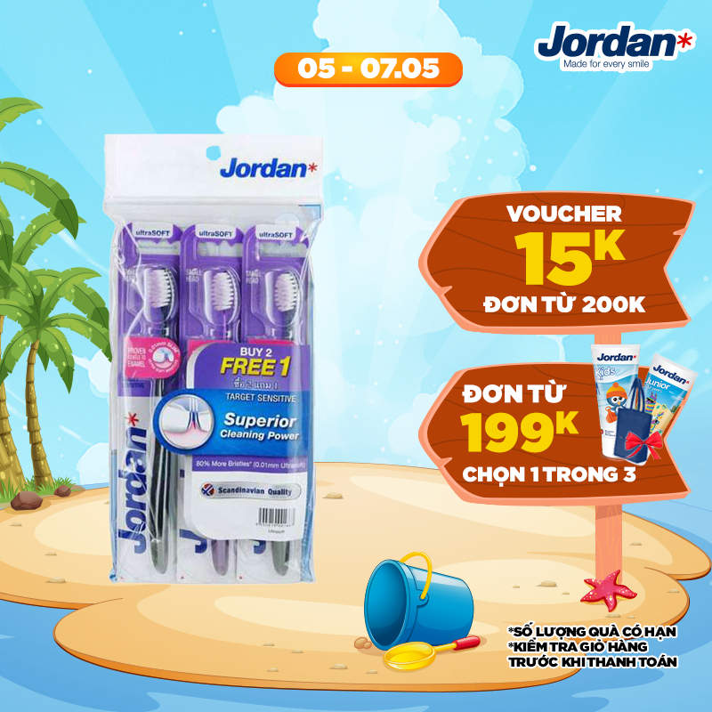 Bộ 3 bàn chải đánh răng Jordan Target Sensitive, Lông siêu mềm siêu mỏng 0.01mm
