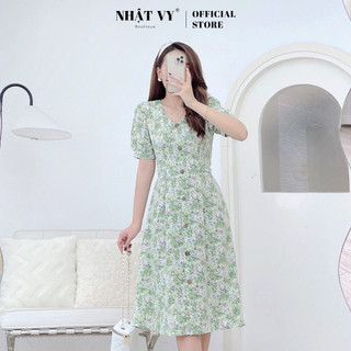 Đầm hoa công sở Nhật Vy chít ben cổ tim tay phồng đính cúc thắt dây eo chất mango phù hợp đi chơi dạo phố- D2721