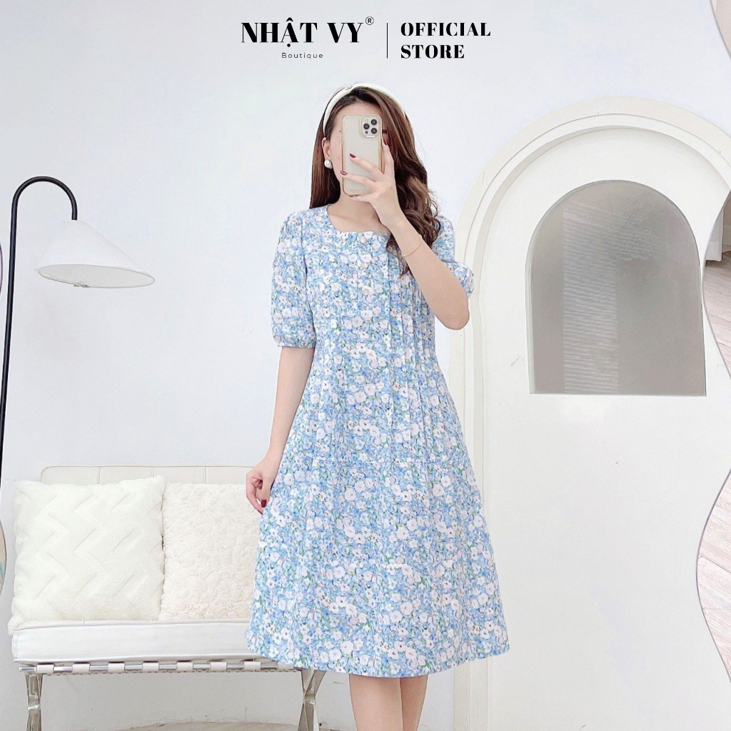 Đầm hoa công sở Nhật Vy viền ren cổ tròn xếp ly ngực chất lụa phù hợp đi chơi dạo phố cafe thanh lịch - D2697