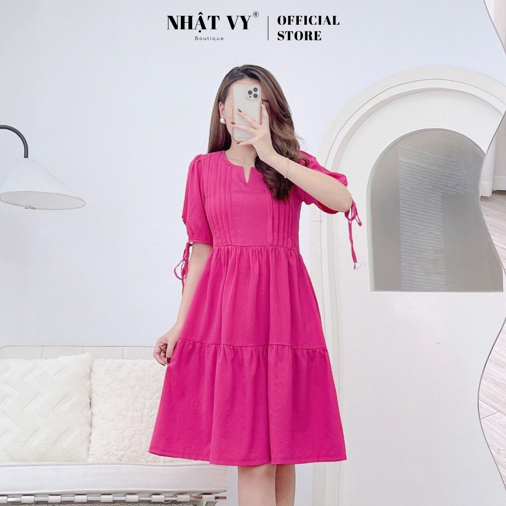 Đầm babydoll đi chơi Nhật Vy cổ cách điệu phối xếp ly ngực tay lửng cột nơ chất linen thun phù hợp dạo phố cafe - D2701