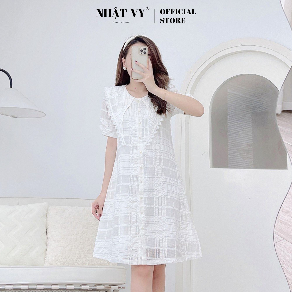Đầm dự tiệc Nhật Vy cổ bèo viền ren cài cúc có túi dáng suông chất xốp lưới thêu phù hợp đi chơi dạo phố - D2707