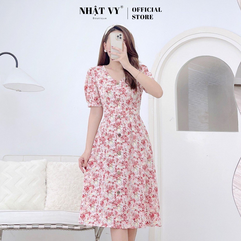 Đầm hoa công sở Nhật Vy chít ben cổ tim tay phồng đính cúc thắt dây eo chất mango phù hợp đi chơi dạo phố- D2721