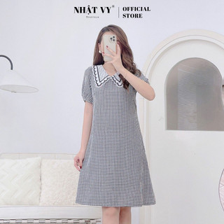 Đầm công sở Nhật Vy cổ V phối ren dáng suông có túi chất caro lụa màu cam, đen - D2700