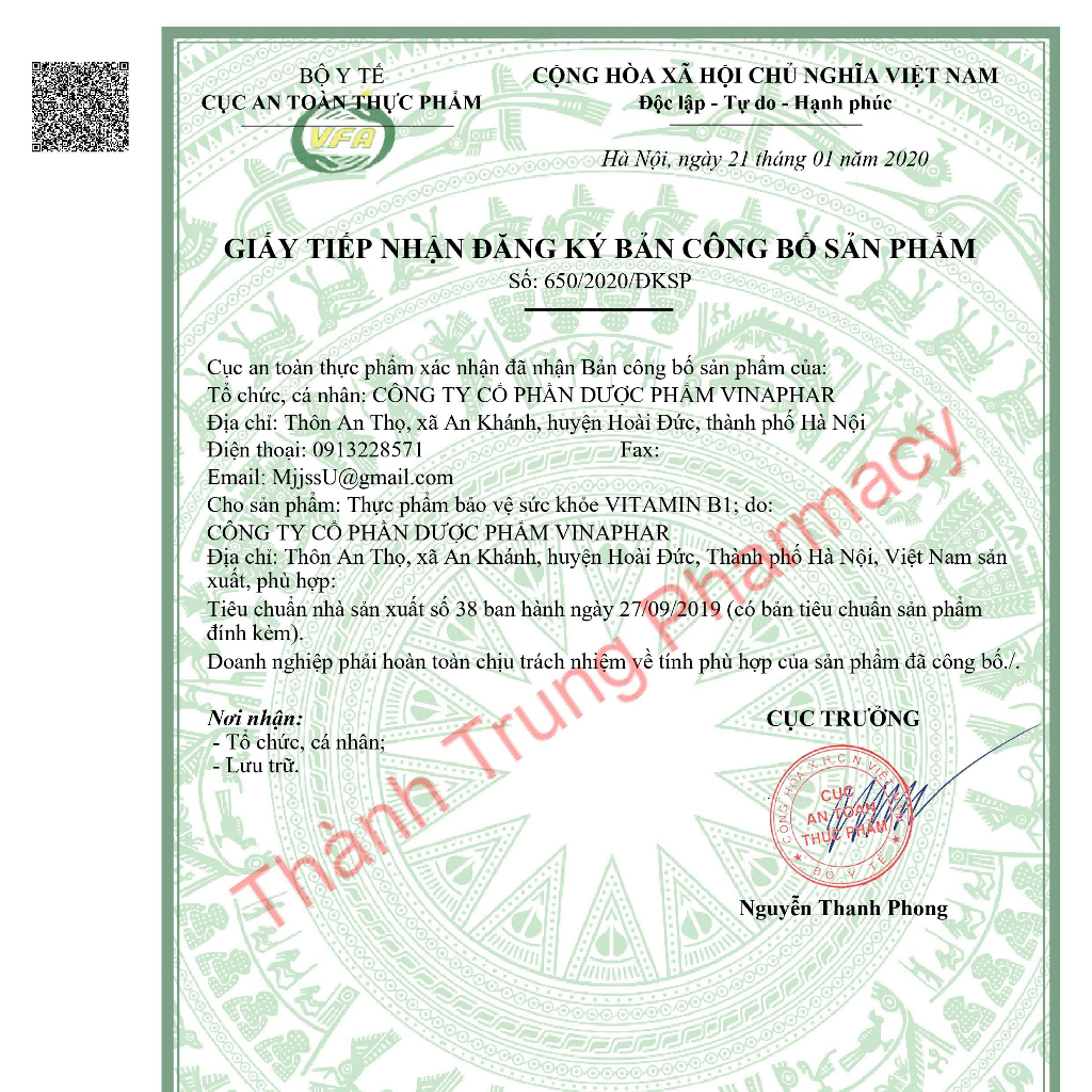 Viên uống bổ sung Vitamin B1 Vinaphar màu xanh chai 100 viên