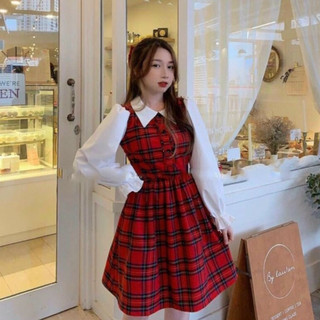 QTLDCBT Đầm tiểu thư tay phồng dài dáng xòe, váy babydoll kẻ caro đỏ cổ sen kiểu vintage dễ thương M296 - Yado