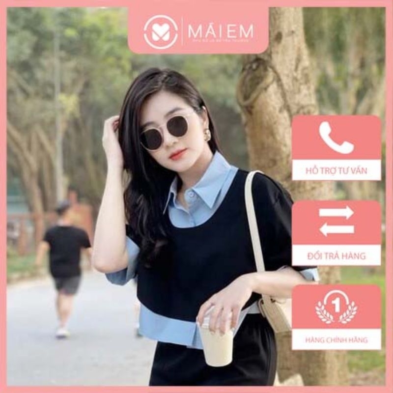 Set áo kiểu sơ mi màu đen mix cổ xanh tay ngắn lửng phối chân váy chữ A dáng dài tiểu thư, sáng chảnh_S7251