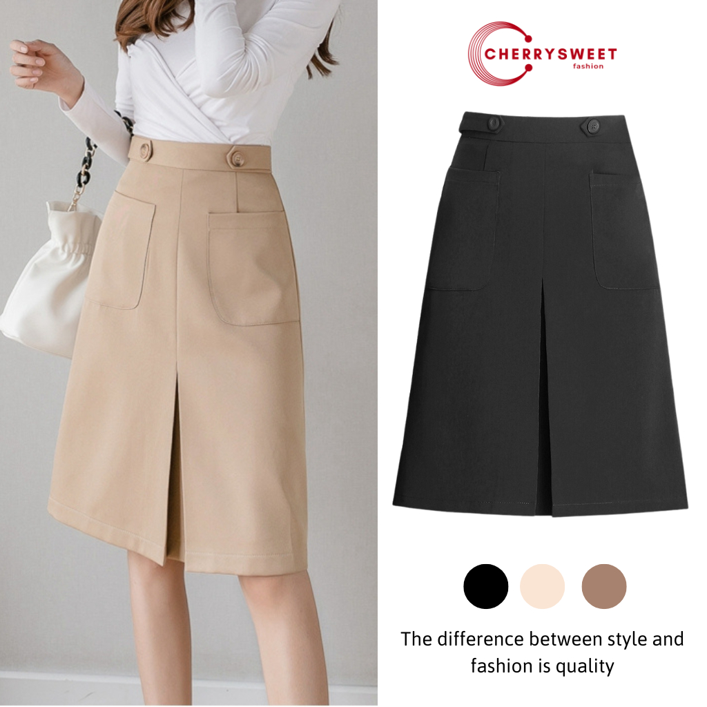 Chân váy dài ulzzang CHERRYSWEET dáng chữ A cạp cao phối 2 đai cúc xẻ giữa, chất tuyết mưa mềm, phong cách công sở V057