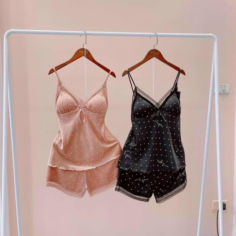 Bộ Đồ Ngủ Hai Dây Lụa Phối Ren Mút Mỏng Chấm Bi Sexy Tôn Da