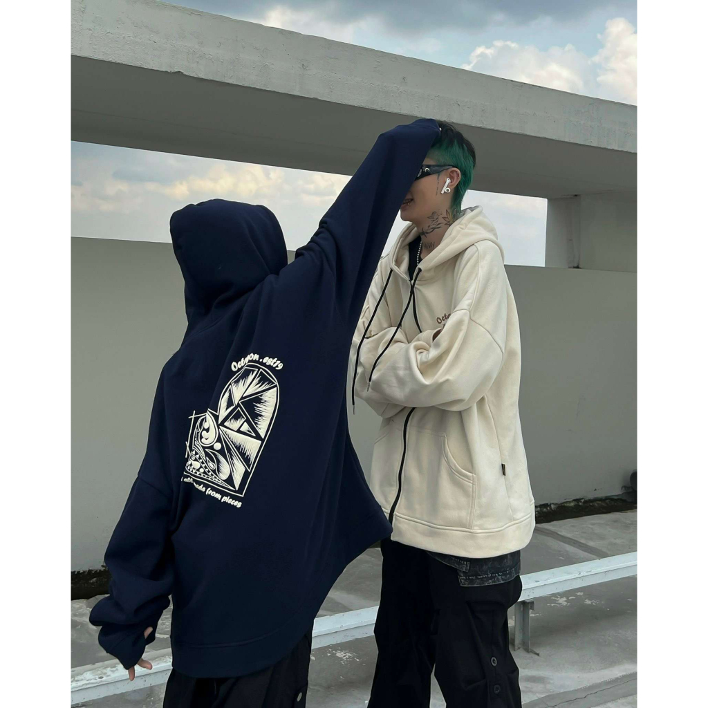 OCTAGON - Áo hoodie unisex HEART PIECES ZIP HOODIE XANH NAVY vải nỉ bông có nón dày dặn