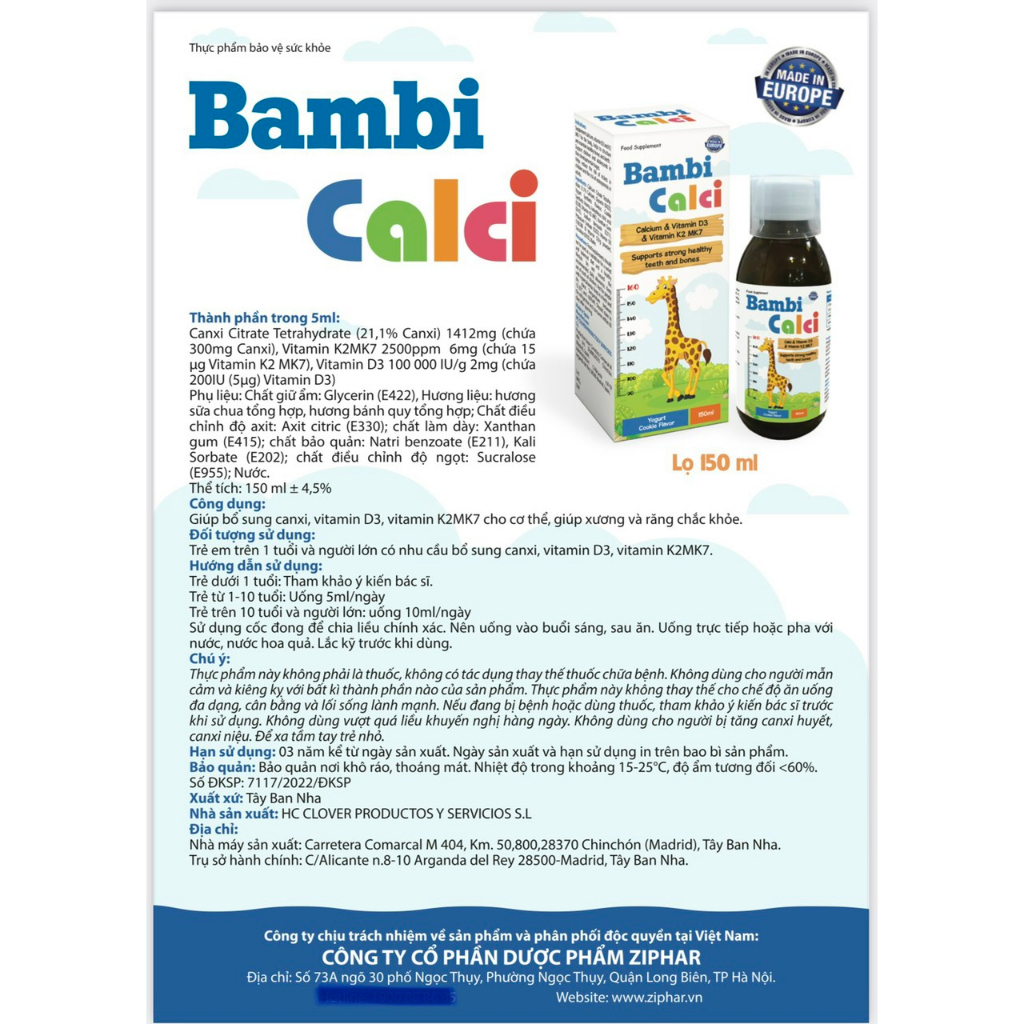 Bambi Calci - Canxi nước cho bé Nhập khẩu chính hãng từ Châu Âu