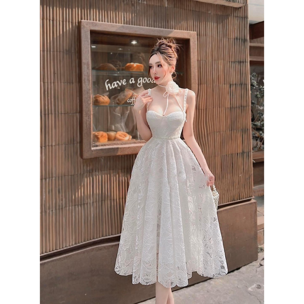M223 - Đầm ren hoa midi hai dây đính cườm dáng xòe dự tiệc ko kèm choker