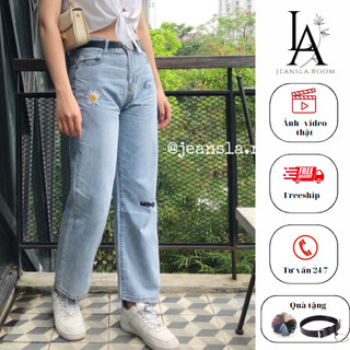 Quần Jean nữ JEANSLA TRENDY Xanh nhạt hoạ tiết hoa chữ Độc Lạ ống rộng cạp cao thời thượng [#QJL20]