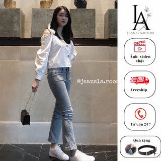 Quần Flare Jean ống loe nhẹ JEANSLA xanh nhạt mix đồ siêu chảnh có 2 túi nhỏ cách điệu phía trước [#QJL1]