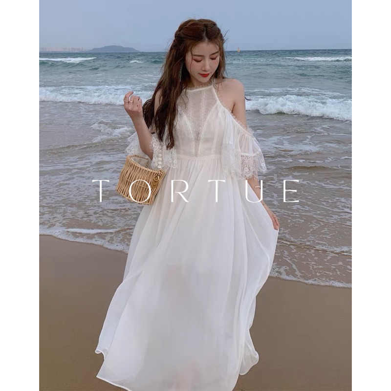 V181 Đầm váy dài trắng trễ vai phối ren đi biển nhẹ nhàng mùa hè phong cách Pháp Retro Vintage Taobao mới 2023