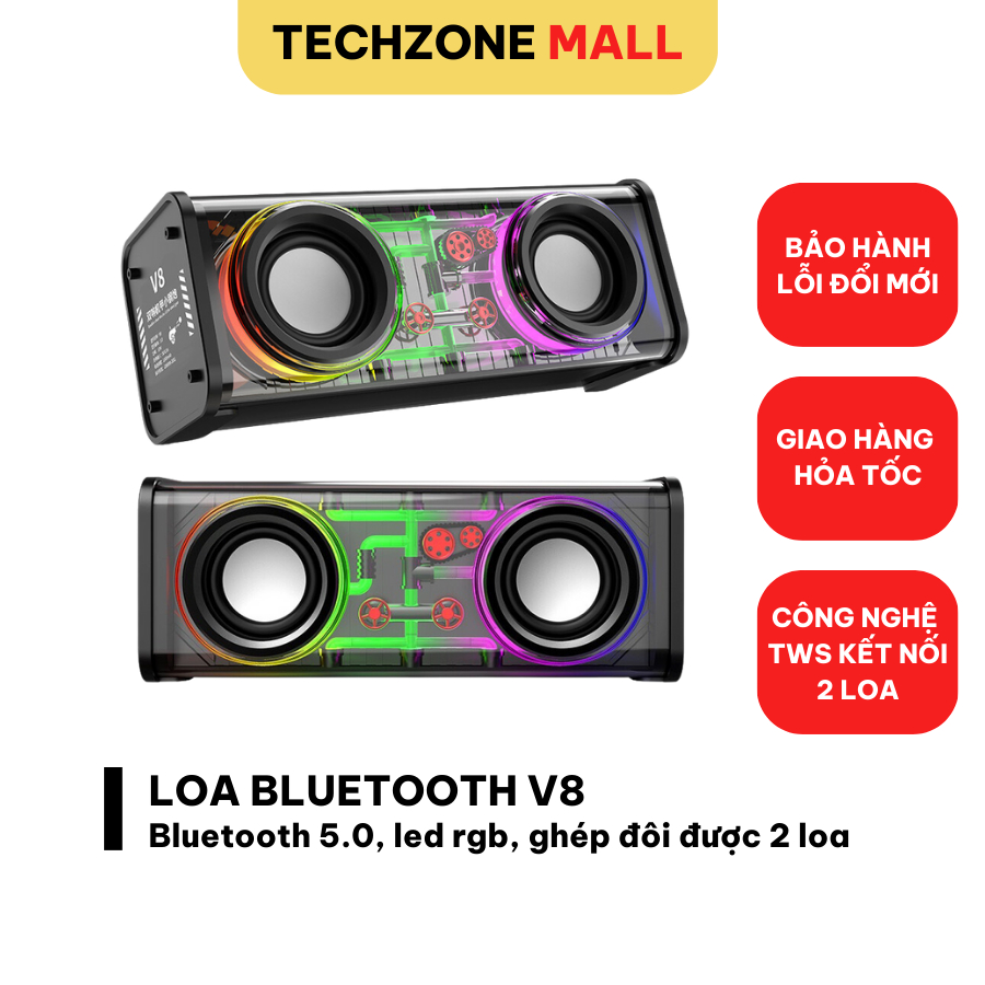 Loa bluetooth không dây V8 mini cầm tay công suất lớn, âm thanh hay, led nháy theo nhạc- TECHZONE MALL