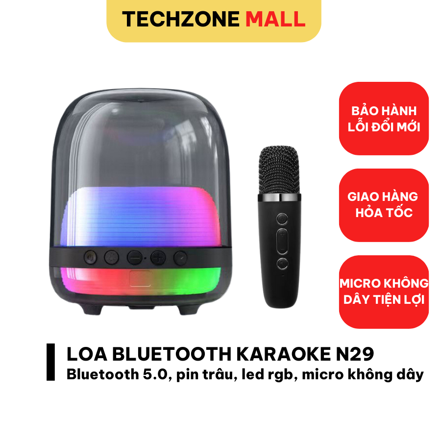Loa Bluetooth N29 Kèm Micro, Bass Mạnh, Âm Thanh Rõ, Full Box, Loa Hát Kèm Mic Bluetooth 5.0- TECHZONE MALL