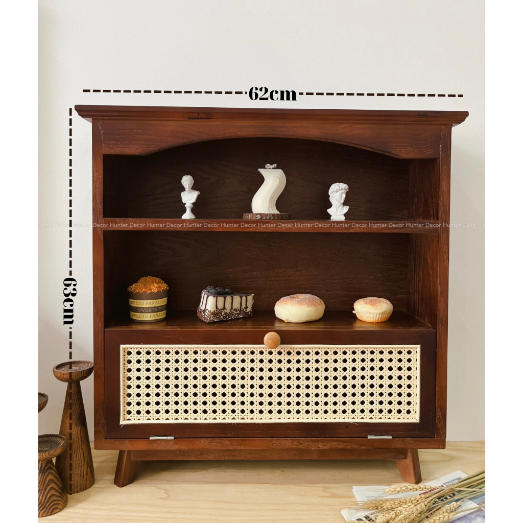 Tủ gỗ decor để bàn đựng chén bát cửa phối mây Retro Vintage