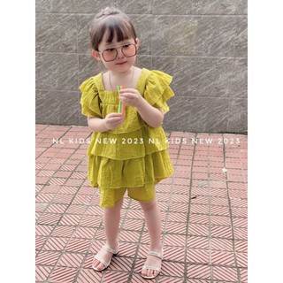 Sét bộ cổ vuông tầng bèo tiểu thư điệu xinh cho bé gái